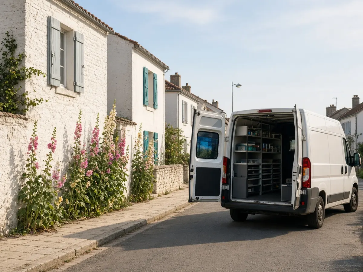 Camionnette d'artisan aux portes arrière ouvertes dans une rue de maisons blanches aux volets bleu-vert, bordée de roses trémières