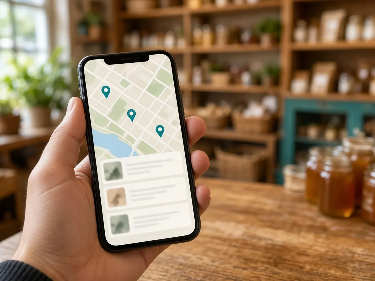 Main tenant un smartphone qui affiche une carte avec trois repères, au comptoir d'une boutique de produits locaux