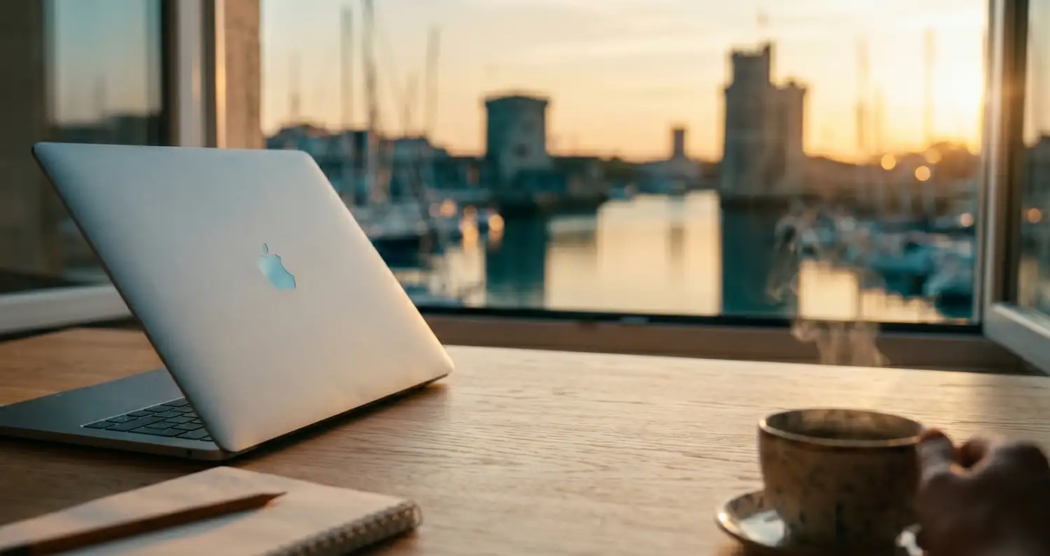 Ordinateur portable et café face au Vieux-Port de La Rochelle au coucher du soleil